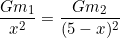 \dfrac{Gm_1}{x^2}=\dfrac{Gm_2}{(5-x)^2}