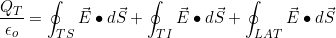 \[\dfrac{Q_T}{\epsilon_o}=\oint_{TS}\vec{E}\bullet{d}\vec{S}+\oint_{TI}\vec{E}\bullet{d}\vec{S}+\oint_{LAT}\vec{E}\bullet d\vec S\]